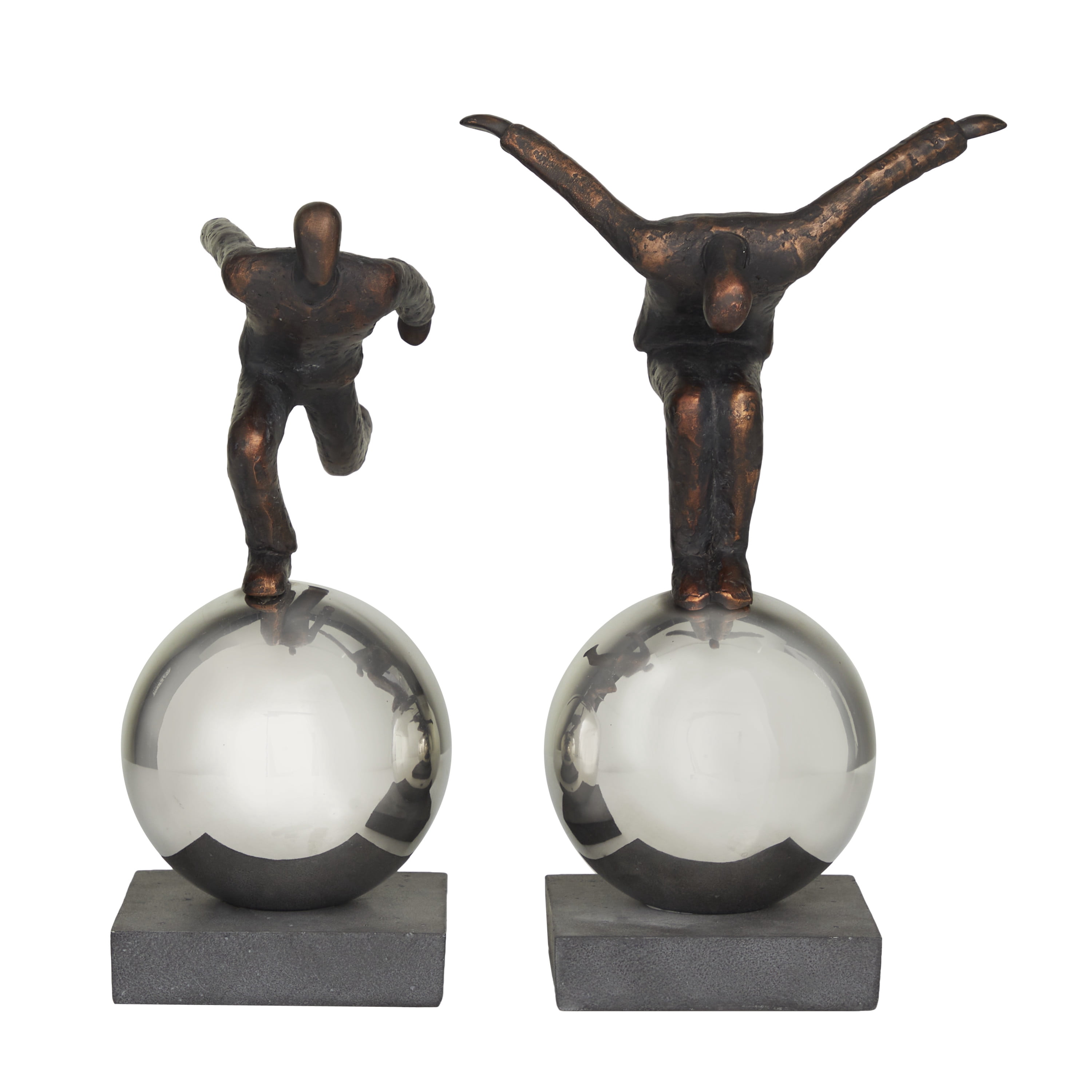 13", 14"H Bronze Polystone People Sculpture with Silver Ball Stands, by DecMode (2 Count)