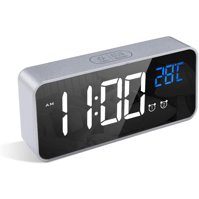 Réveil Numérique avec Grand Affichage de la Température LED, Horloge de Table avec 13 Musique, Connexion de Charge Usb, 4 Luminosité et Volume Réglables, Réveil, Alarme Miroir Portable avec 2 Alarmes