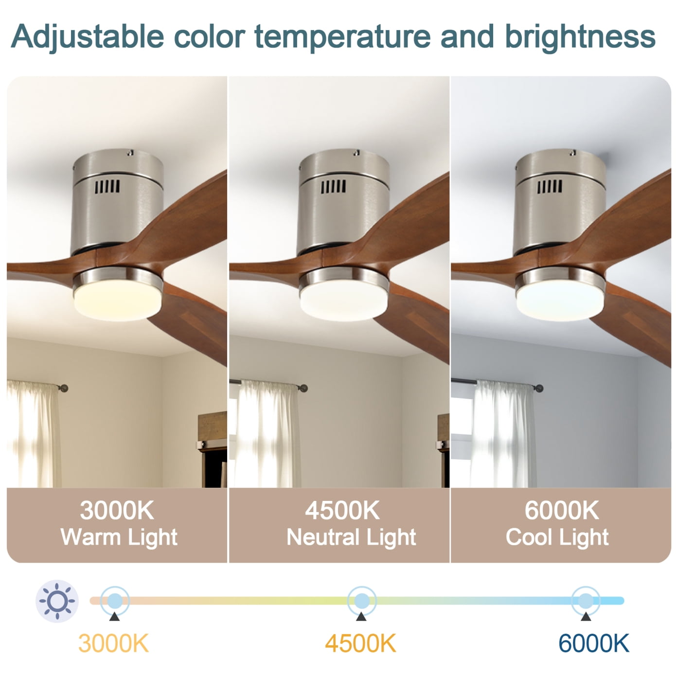 52 Inch Ceiling Fan with Light, Walnut Solid Wood Blades, Remote Control, 6-Speed Reversible DC Motor for Bedroom, Living Room, Dining Room Indoor Outdoor Use