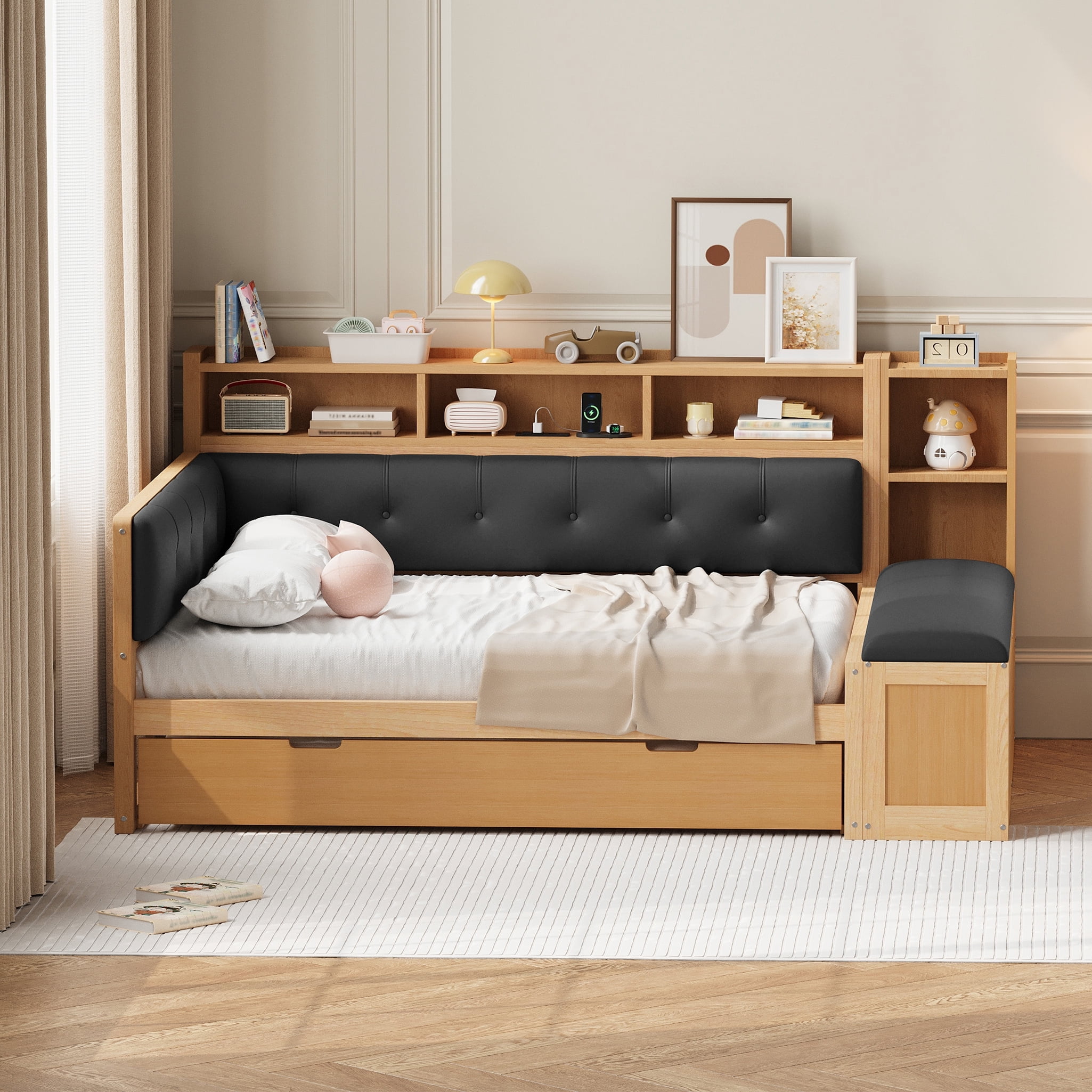 Euroco Wood Full Size Daybed with Trundle and Drawers, Storage Bed with Upholstery  Bench and Headboard, Charging Station and Shelves, Natural