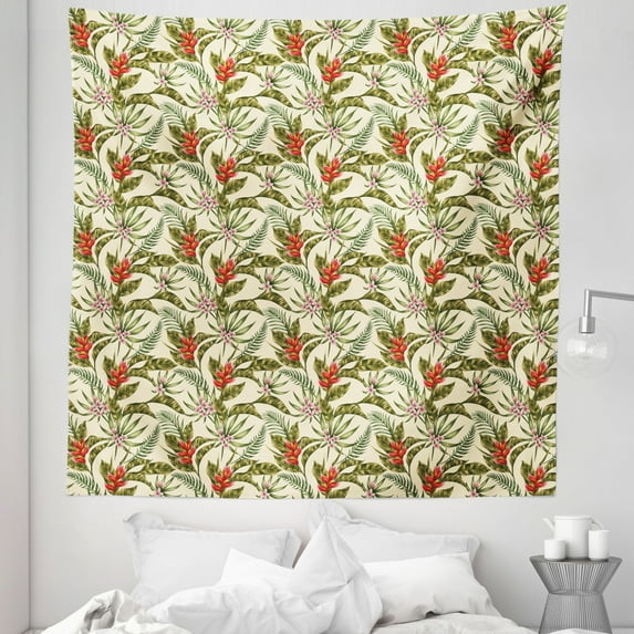 Leaf Tapestry, Romantic Aloha Pattern with a Vintage Look Birds of Paradise and Plumeria Blossoms, Fabric Wall Hanging Decor for Bedroom Living Room Dorm, 5 Sizes, Multicolor, by Ambesonne