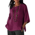 thumbnail image 2 of Vêtements pour Femmes Chemise à Manches 3/4 Col Rond en Coton Lin Haut Décontracté, Violet, P, 2 of 6