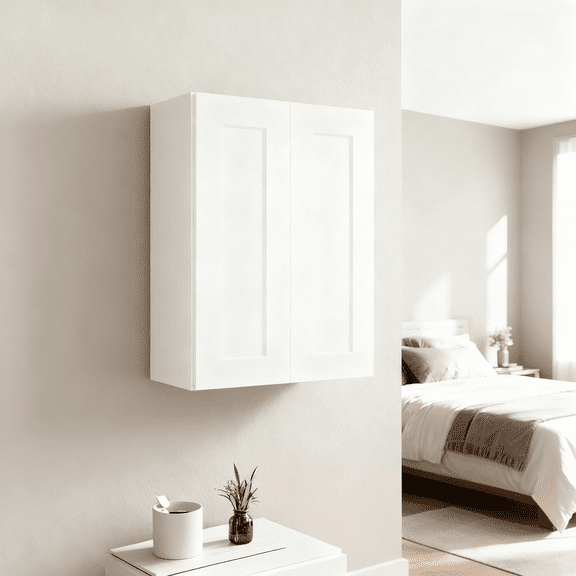 LiviNest 24 Inch White Wall Cabinet: Shaker Style Double Door Solid Wood Storage with Adjustable Shelves - Easy Assembly Wall Mounted for Bedroom & Home Office Organization