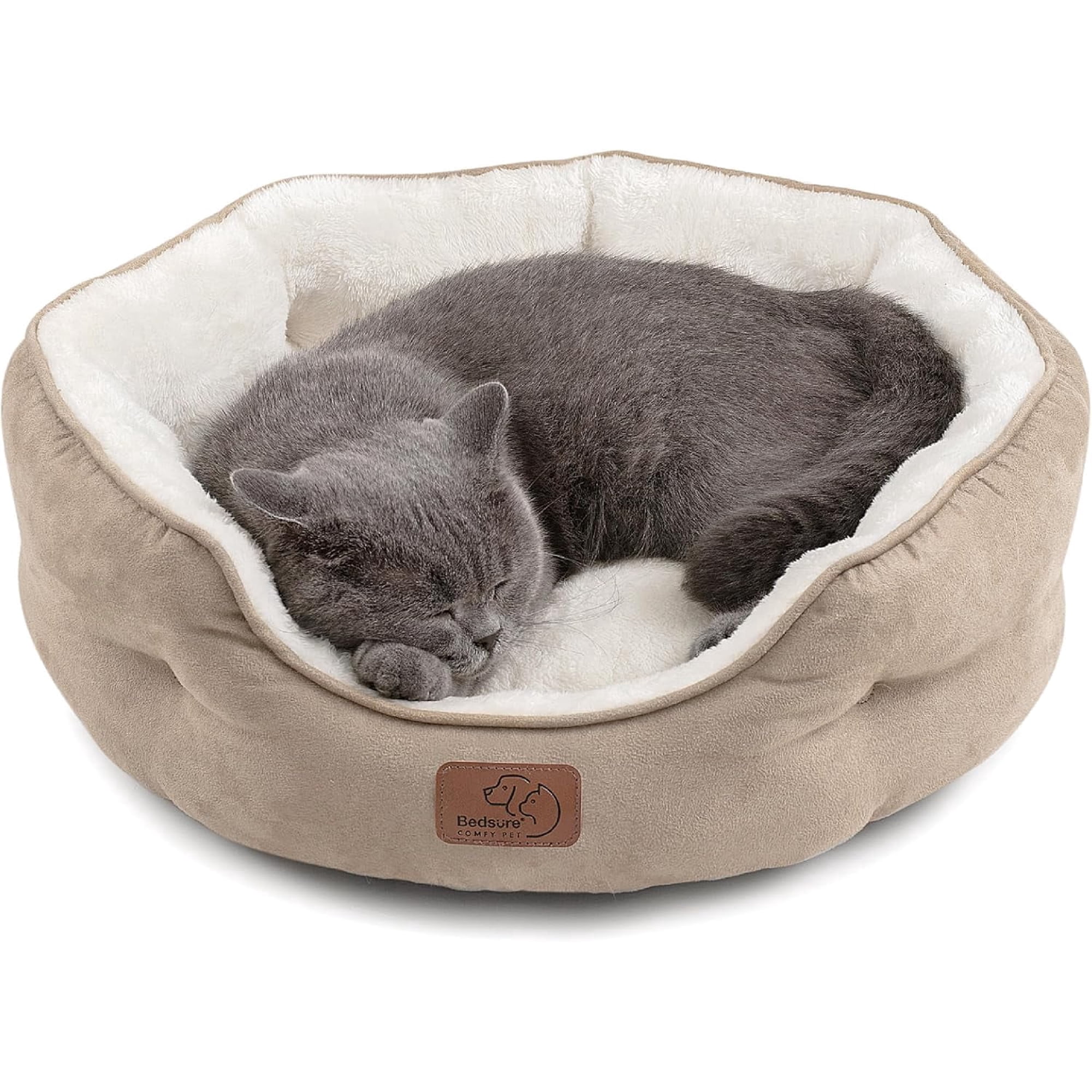 U By Bedsure Dog Beds for Small Dogs - Round Cat Beds for Indoor Cats, Washable Pet Bed for Puppy and Kitten with Slip-Resistant Bottom, 20 Inches, Camel
