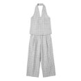 thumbnail image 4 of Gifts Dianli Two Piece Sets for Women Linen Two Piece Outfit Plaid Pattern V Neck Top and Wide Leg Pants Matching Linen Sets for Women Summer Vacation Travel and Casual Daily Wear Gray S, 4 of 7