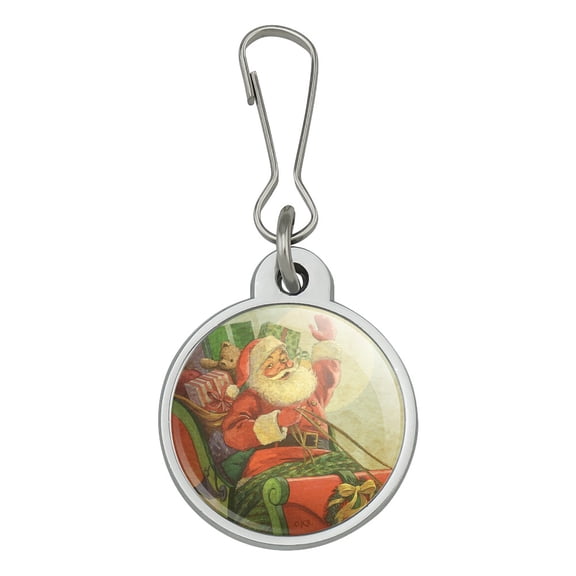 Christmas Holiday Retro Antique Santa Sleigh Jacket Handbag Purse Luggage Backpack Zipper Pull Charm