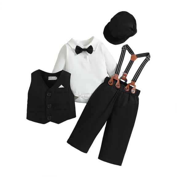 Coerni Toddler Dress Suit Baby Boys Gentleman's Clothes Sets Shirts Suspenders Pants Hat 4pcs Gentleman Outfits Suits