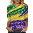thumbnail image 2 of YOIAVAIOY Women Mardi Gras T Shirt 3/4 Sleeve Mask Graphic Tops Round Neck Casual Holiday Party Loose Fit Outfit Purple L, 2 of 5