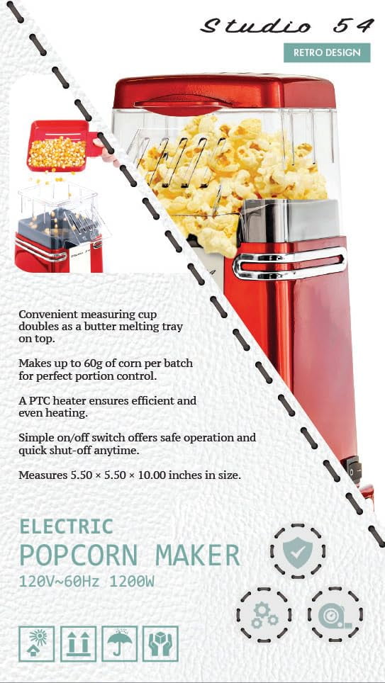 Studio 54 Retro Electric Popcorn Maker – Hot Air Popper, Oil-Free Mini Popcorn Machine with 8-Cup Capacity, 900W Air Popcorn Maker, Compact Countertop Design with Butter Melting Lid, Red