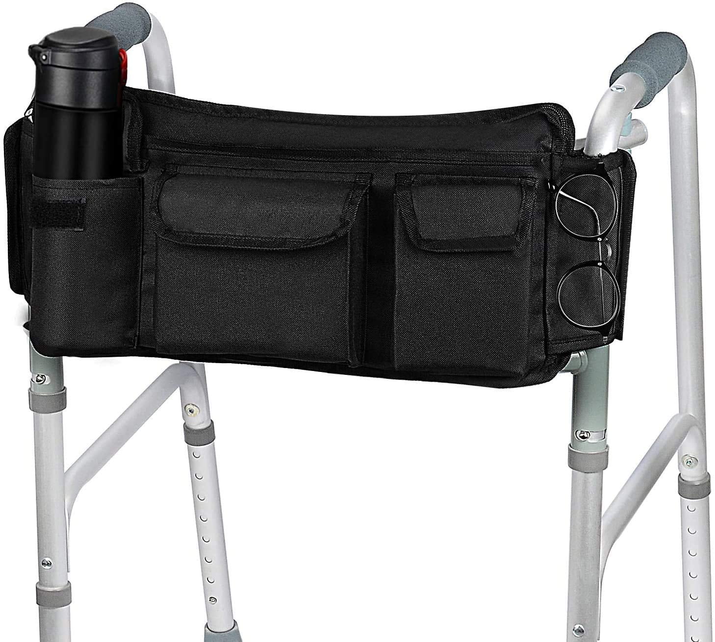 SupreGear Walker Bag, Folding Walker Basket Organizer Pouch Tote for Walker Style Rollator and Wheelchair, Hook & Loop Design, Easy Access to Zipper Pocket (Black)