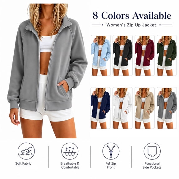LLYWEY Womens Full Zip Sweatshirt No Hood Travel Casual Fall Stand Collar Long Sleeve Solid Color Fleece Jackets with Pockets Gray S
