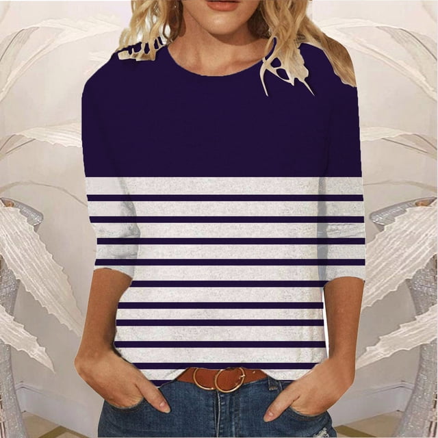 Meichang Chemises à Manches 3/4 pour Femmes Hauts à Rayures Color Block Col Rond T-Shirts Décontractés Chemises Coupe Ample Blouses de Travail Confortables Pull Mode 2024