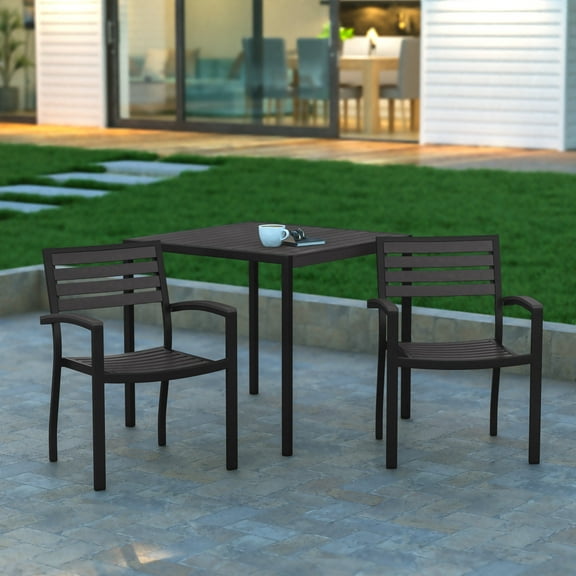 Emma Oliver Set of Two Black Aluminum Stacking Patio Chairs with Gray Wash Finished Faux Teak Polyresin Slats on Seat, Back & Arms for Indoor/Outdoor Use