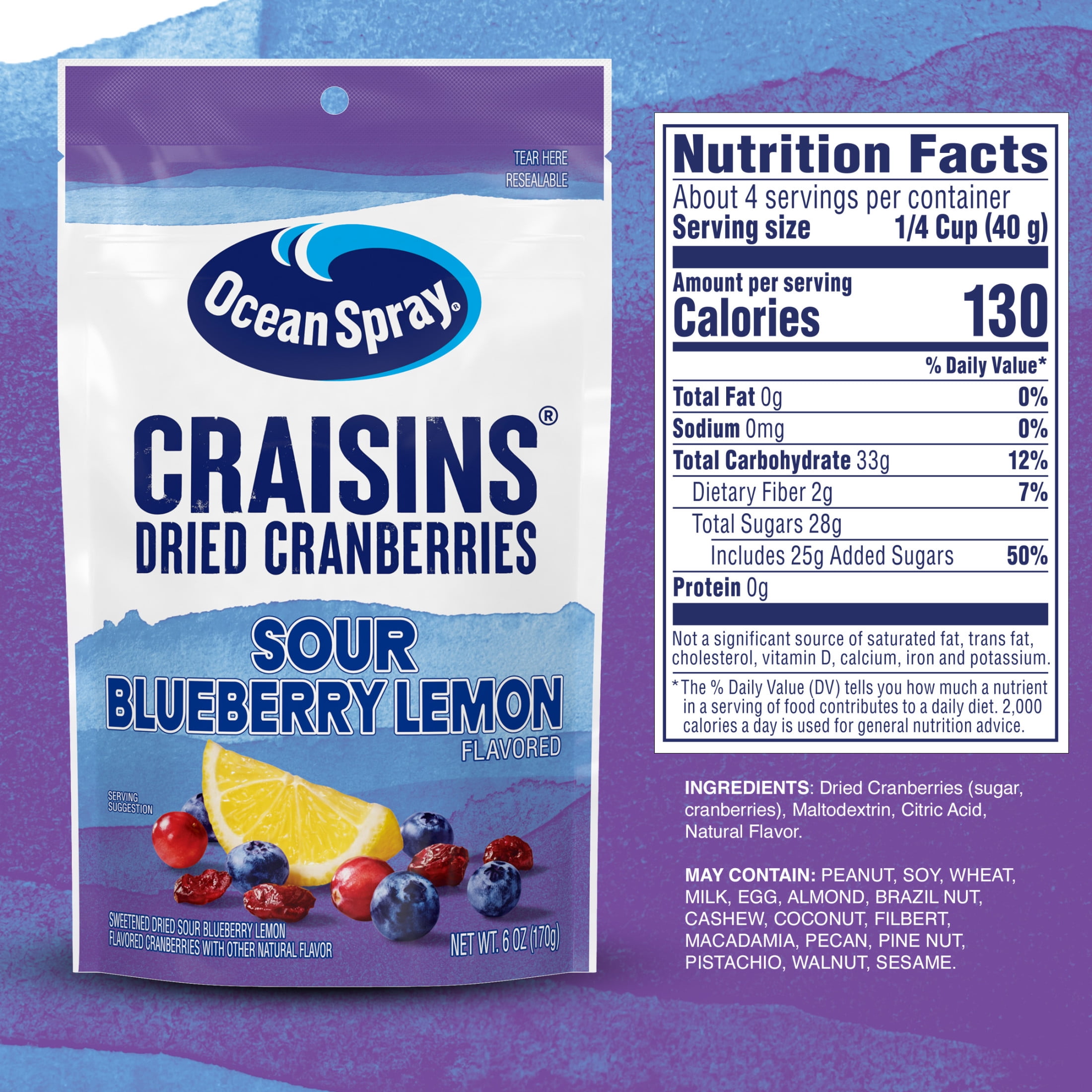Ocean Spray® Sour Blueberry Lemon Flavored Craisins® Dried Cranberries​, 6oz
