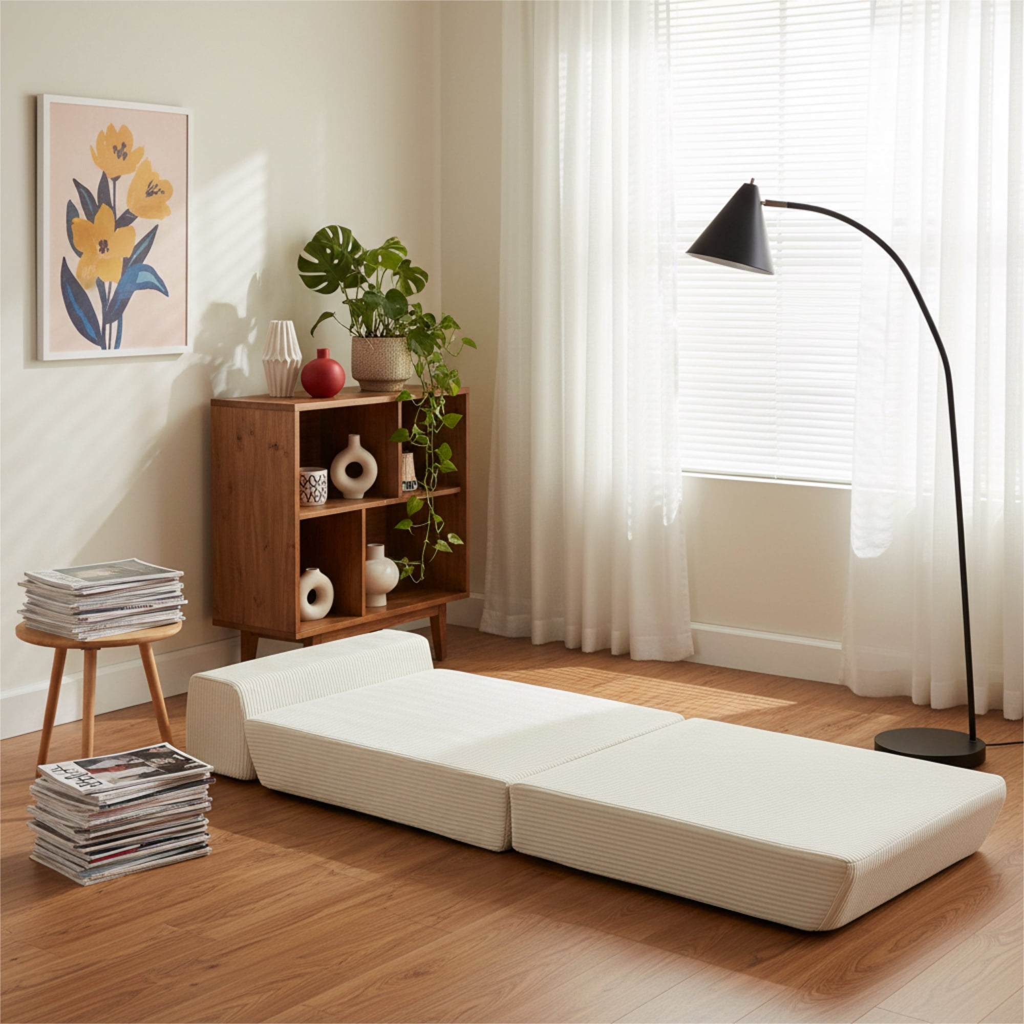 Alvantor Folding Sofa Bed, Convertible Sleeper Chair with Removable Back Pillow and Carry Handles, Portable Fold Out Floor Sofa for Living Room, Bedroom, Dorm, Single, Beige