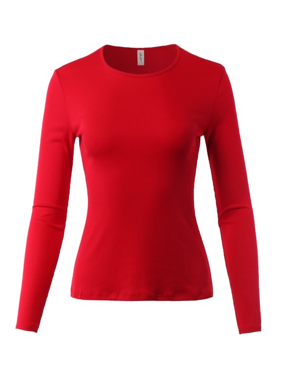 Women's Ribbed Basic Solid Stretchable Long Sleeve Crew Neck Top Shirts Red M