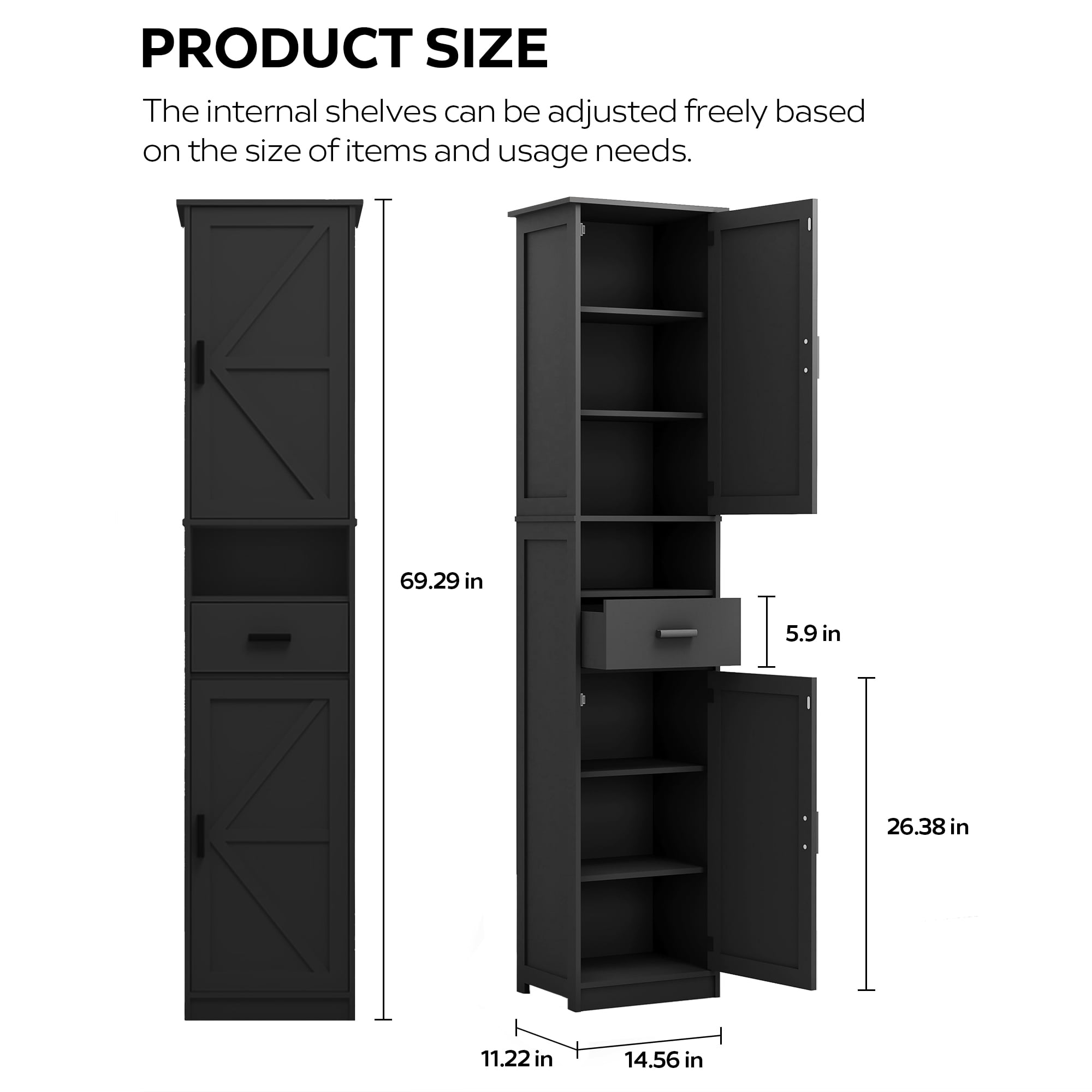 69" Bathroom Cabinet, Modern Floor Tall Cabinet With 1 Drawer, 2 Doors And Adjustable Shelves, Narrow Storage Cabinet For Home, Kitchen, Living Room