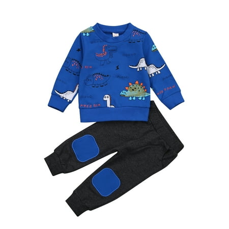 

xingqing Toddler Baby Boy Outfits Sets Cute Dinosaur Print Shirts Long Sleeve Tops +Jogger Pants 2PC Outfits Blue 12-18 Months