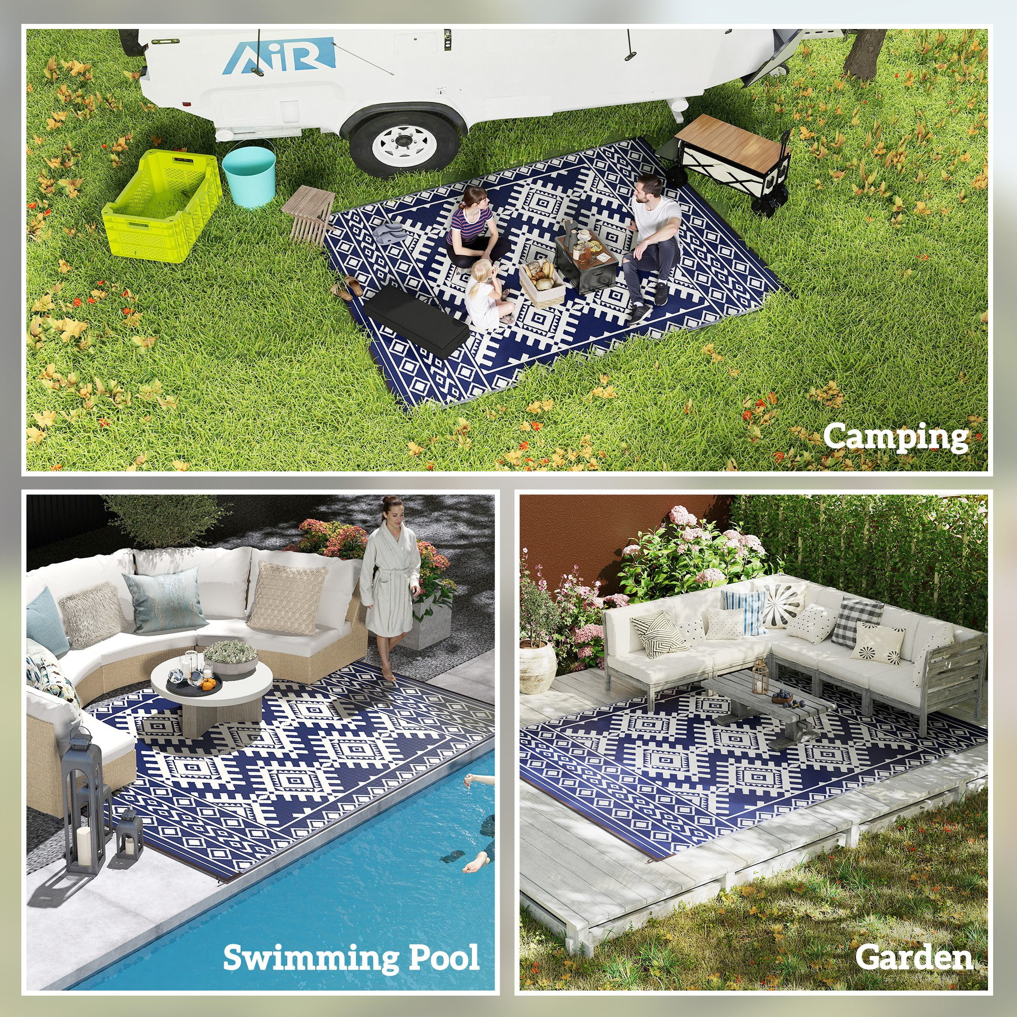 Outsunny Outdoor Patio Rug, Large Camping Carpet with Carrying Bag, 9' x 12' Waterproof Plastic Straw, Reversible, Blue & White Rhombus Border
