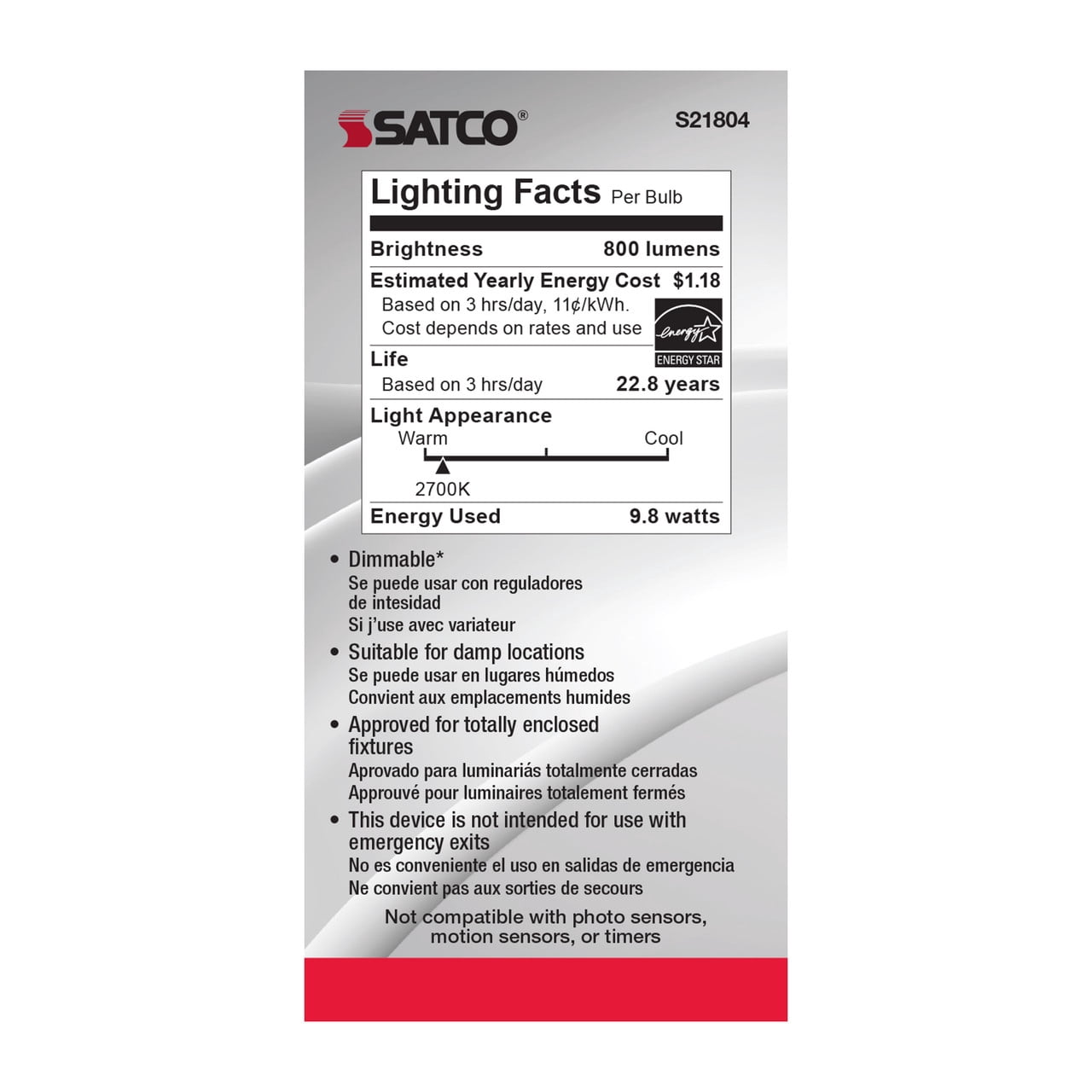 SATCO S21804 9.8W 120V A19 LED Bulb E12 Candelabra Base 2700K (6 Pack)