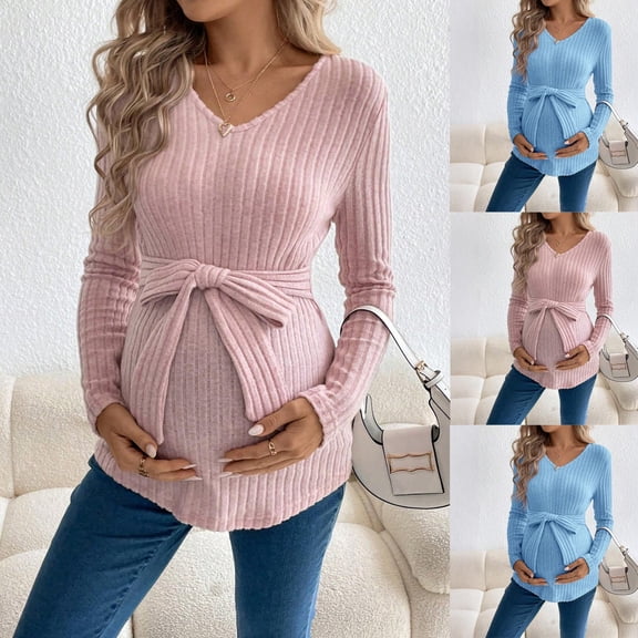 Eltusu Women Maternity Long Sleeve Tops, Comfort Pullover Stretch V-Neck Pregnancy Clothes Pink Size L