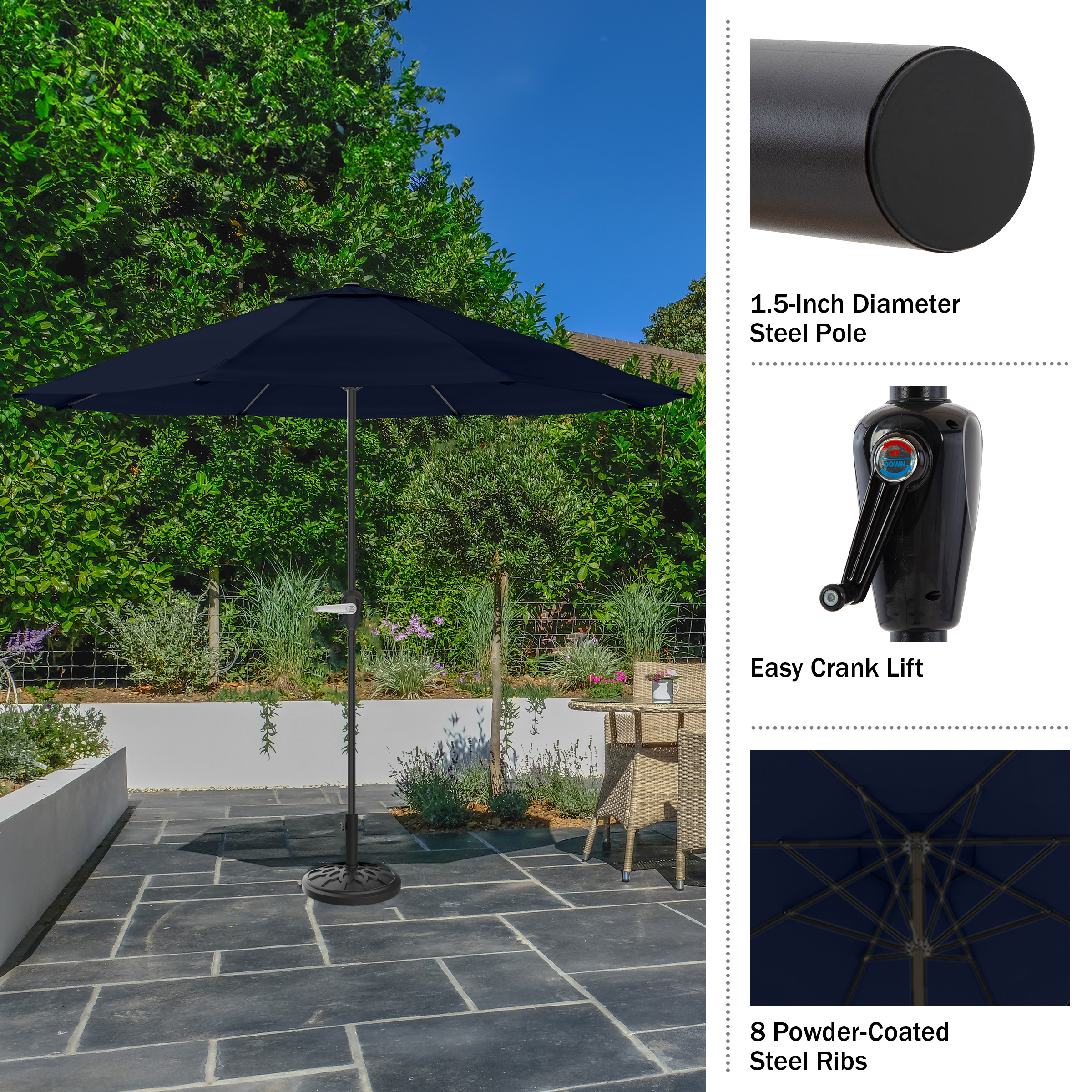 Pure Garden 9FT Outdoor Vented Patio Umbrella with Easy Crank (Navy)
