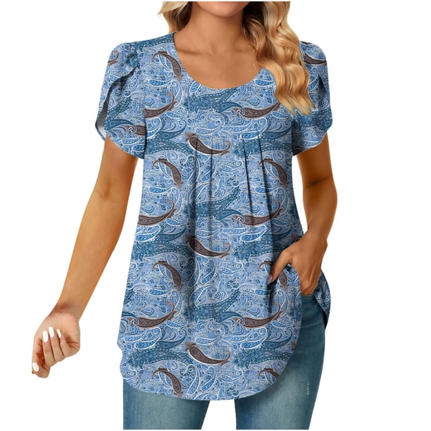 Blusa de manga corta con cuello redondo, informal, cómoda, a la moda para mujer OAVQHLG3B Store lin121212