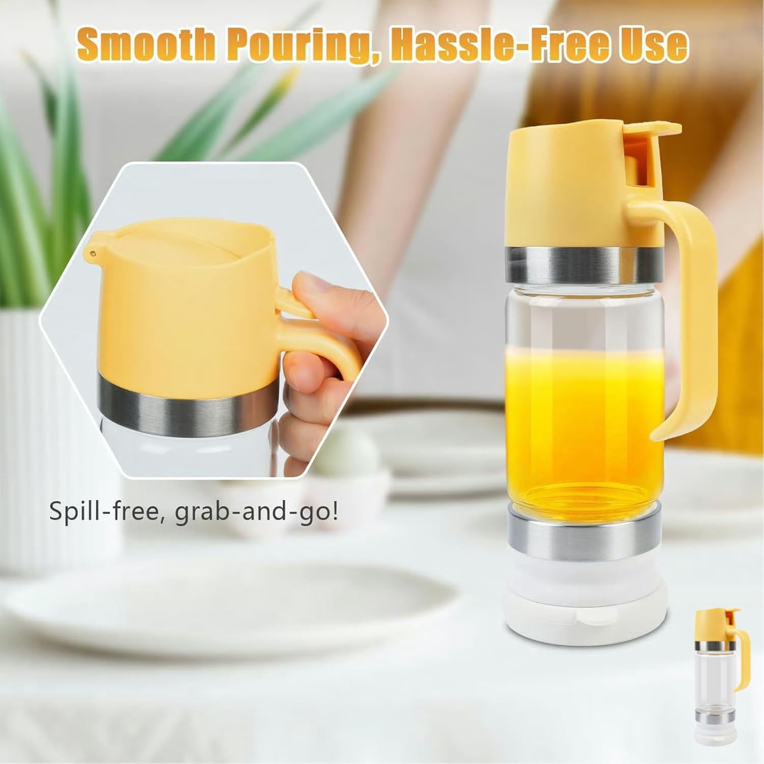 Honey Dispenser No Drip with Base, 10oz Glass Honey Dispenser with Handle, Mess Free Syrup Dispenser, Pressure Design for Quantitative Honey Extraction Syrup and Jam (Yellow)
