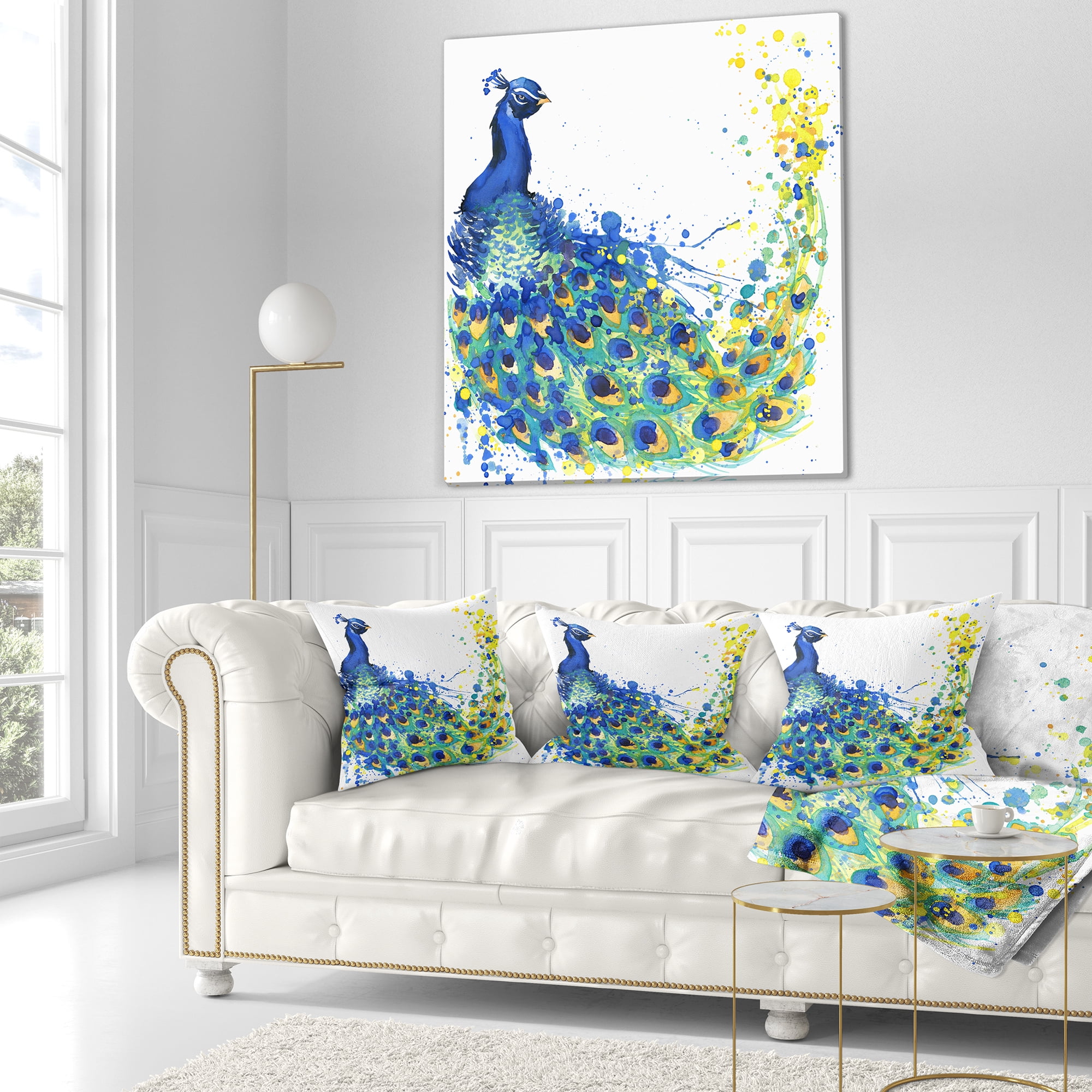 Designart Exotic Peacock Watercolor - Contemporary Animal Throw Pillow - 16x16