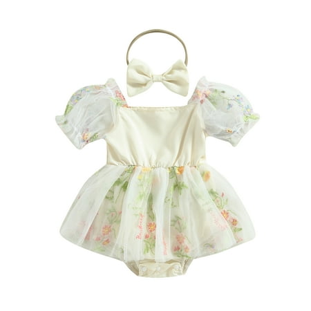

Infant Baby Girl Romper Dress with Bow Headband 6M 12M 18M 24M Bubble Sleeve Floral Embroidery Skirt Sundress Summer Outfit