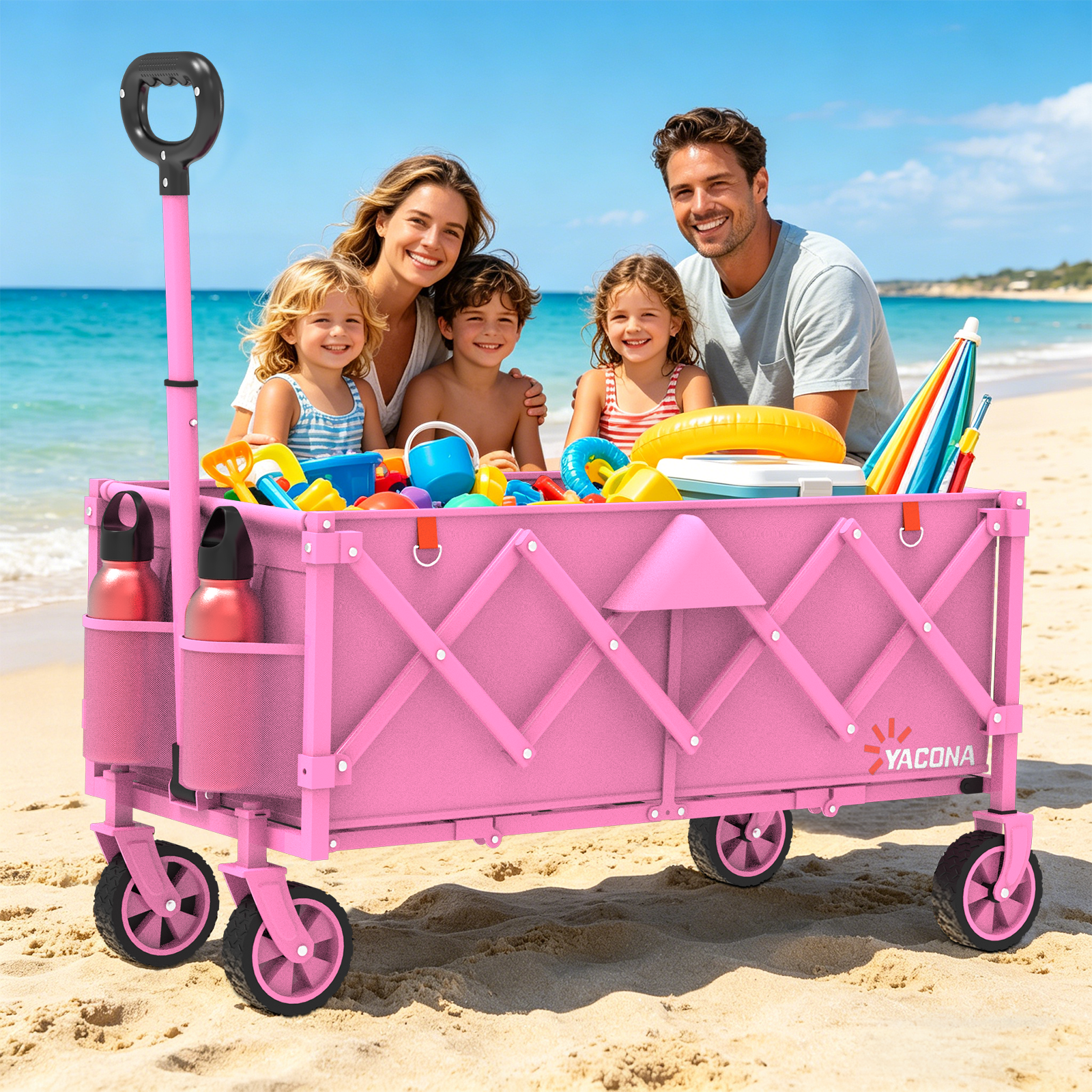 Yacona 35" L Extra Long Wagons Carts Foldable, 180L Capacity Beach Wagon, Heavy Duty Rolling Cart with Wheels, Pink