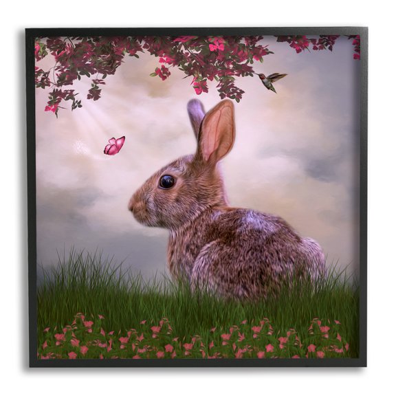 Stupell Summertime Friends Floral Rabbit Butterfly Animals & Insects Photography Black Framed Art Print Wall Art