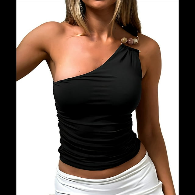 Tops de Verano con Cuello Halter para Mujer, Top Corto Sin Espalda con Escote en V Profundo, Tankini Negro S