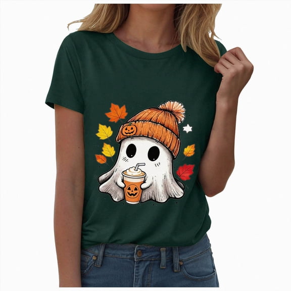 TOWED22 Women Cute Bow Ghost Halloween Shirt Funny Halloween Costume Tshirts Short Sleeve Spooky Graphic Tee Tops(Dark Green,3XL)