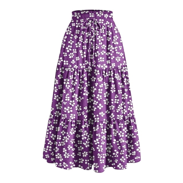 Women's Floral Tiered Ruffle Maxi Skirts Boho A Line Flared High Waist Vintage Flowy Long Skirt with Drawstring