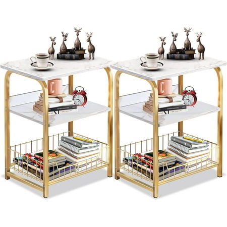 aboxoo End Table 2PC Side Table 3 Tiers White Marble Nightstand Industrial Retro Storage Shelf for Living Room Bedroom Kitchen Family and Office,Stable Wood and Metal Frame