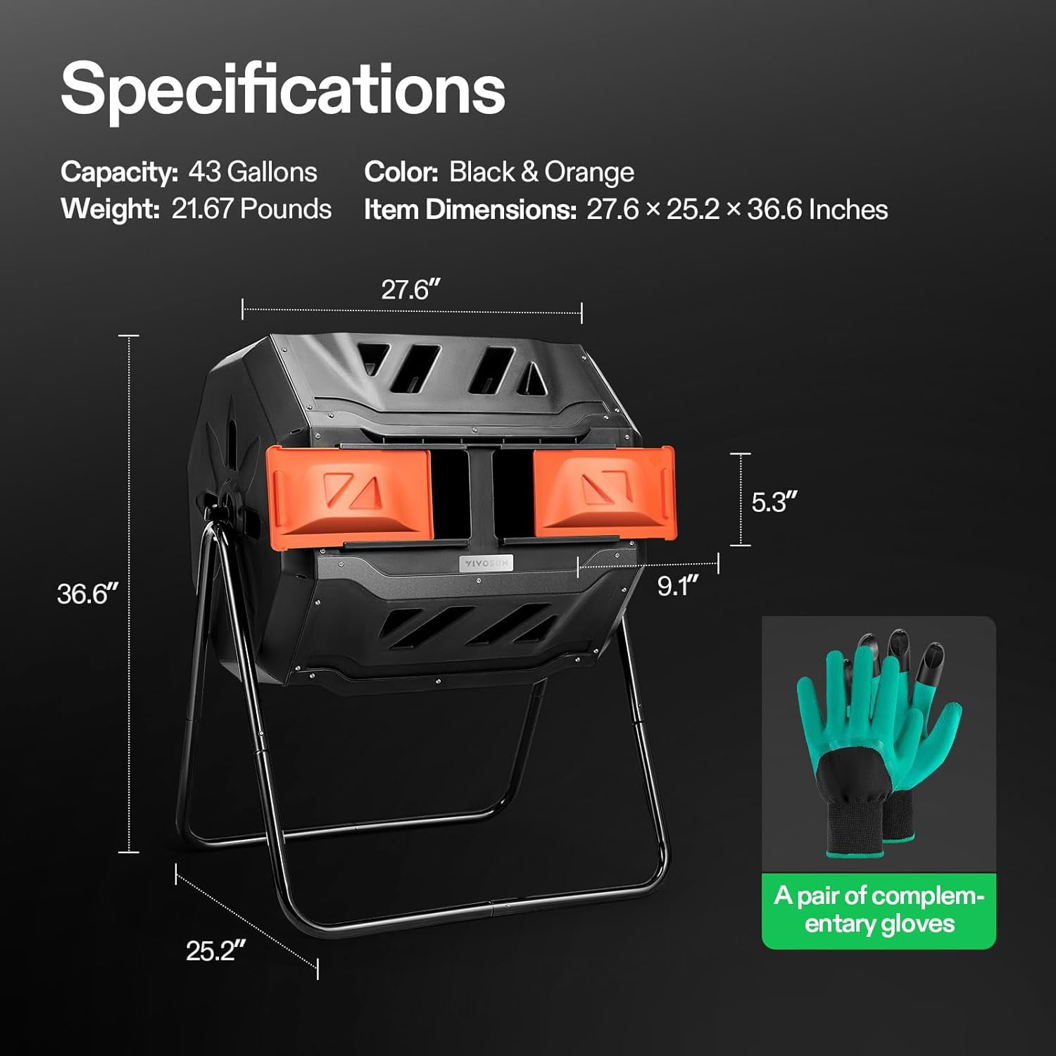 VIVOSUN Outdoor Tumbling Composter Dual Rotating Batch Compost Bin, 43 Gallon Orange Door