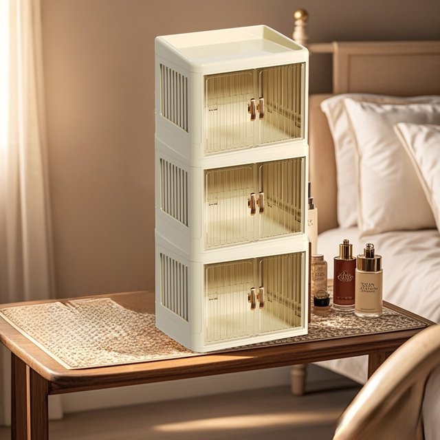 BKER Foldable Double Door Storage With Flat Lid And White Drawer For Home Organization
