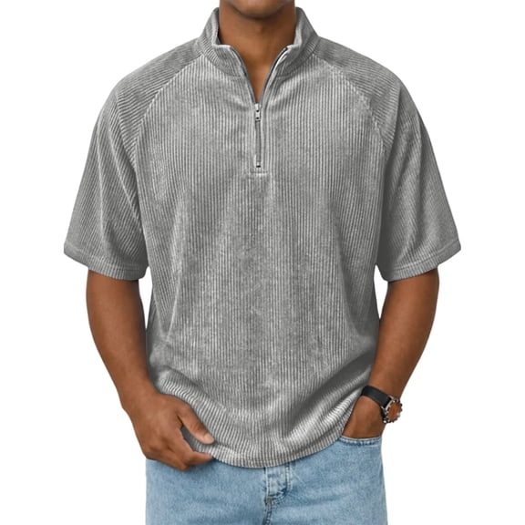 Hearthz Mens Casual Corduroy Sweatshirt Stand Collar Short Sleeves Mens Quarter Zip Pullover Lightweight Running Gym Baseball Jersey with Pocket Dark Gray L