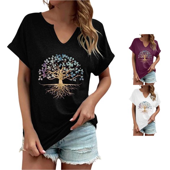 Trendfront Womens Tree Of Life Tops Graphic Print V-Neck Casual Short Sleeve Loose Fit Tee Trendy Fashion T-Shirts Pullover Daily Wear