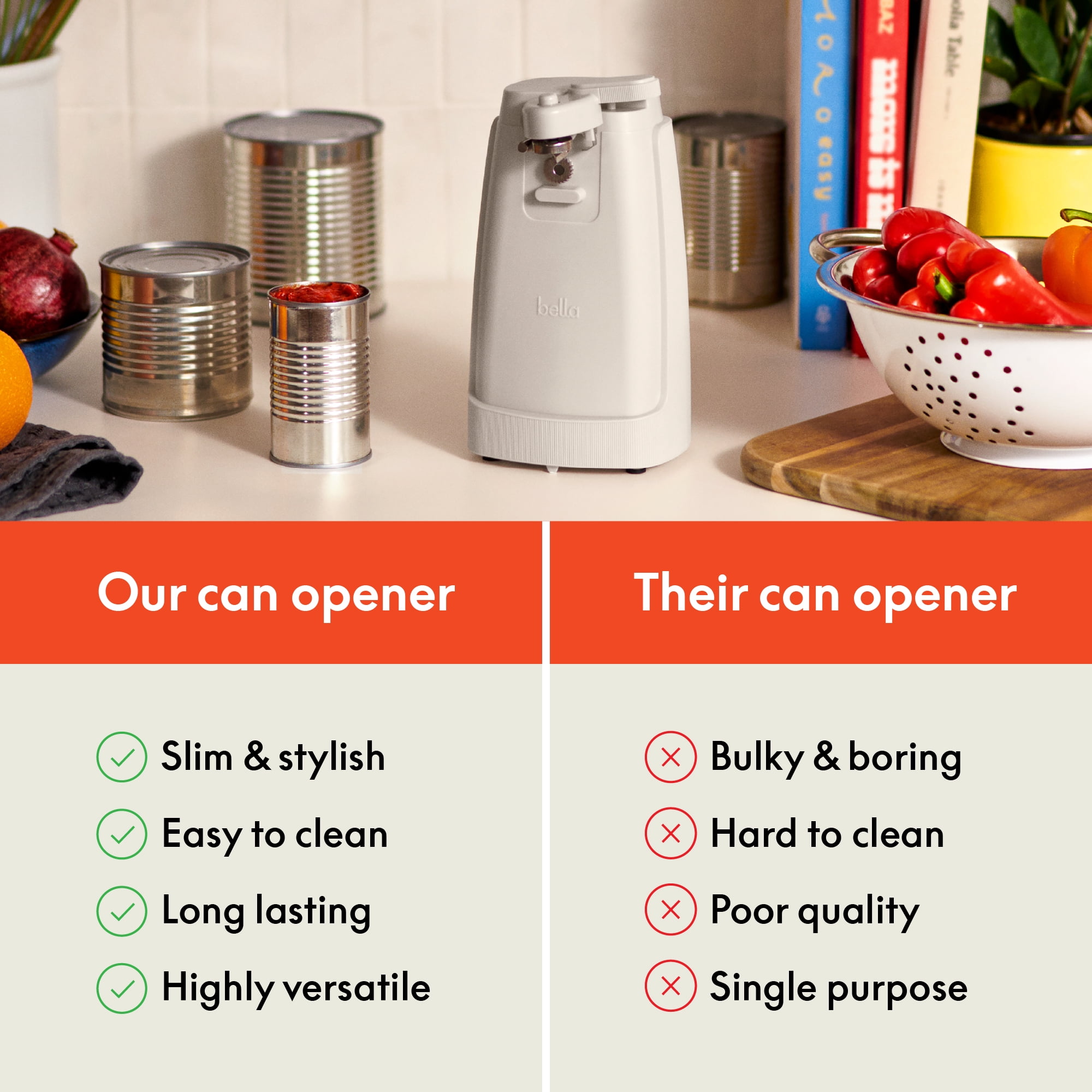 bella Electric Can Opener with Stainless Steel Cutting Blade and Cord Storage, Oatmilk
