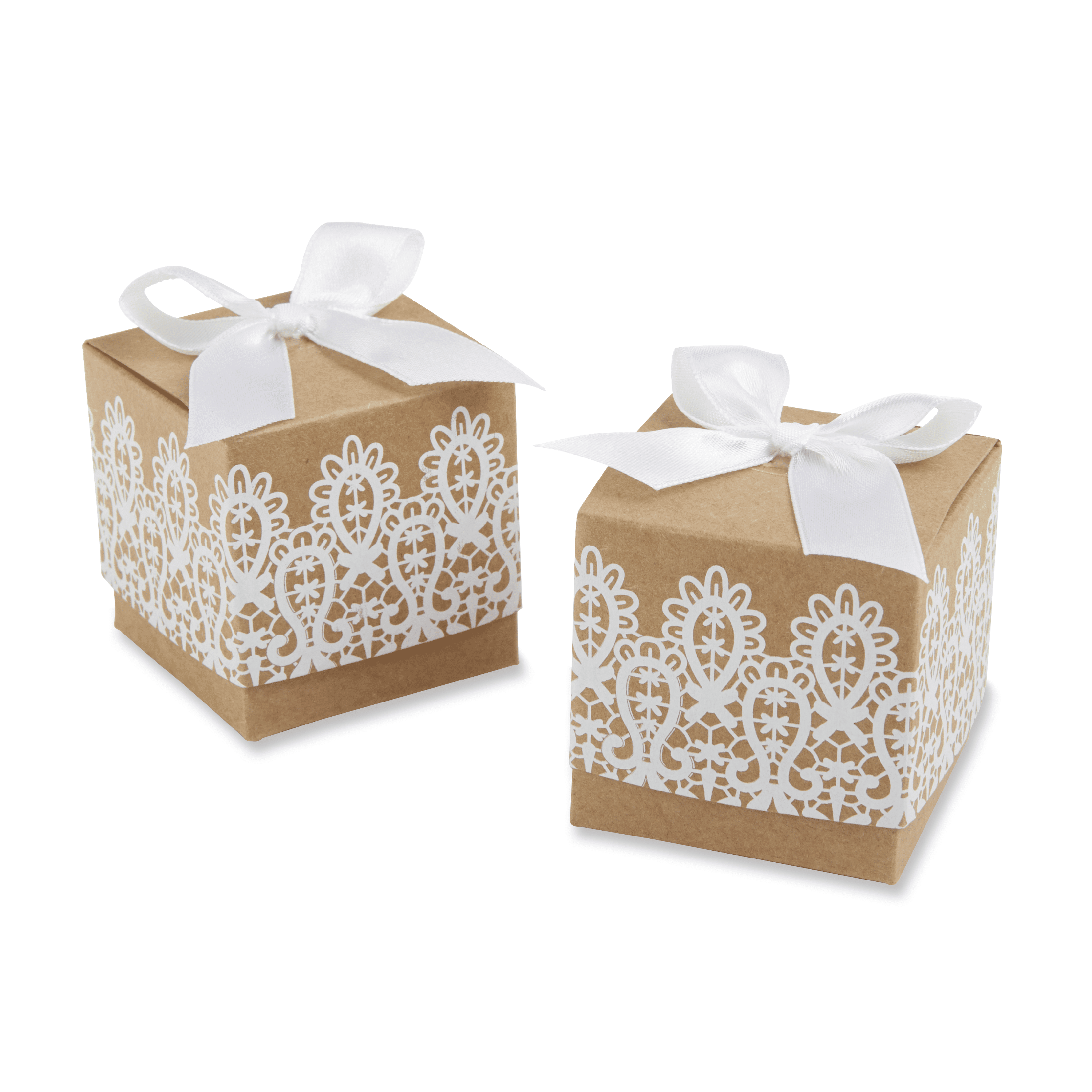 72 Rustic Lace Brown Paper Favor Boxes with White Bow Wedding Table Setting