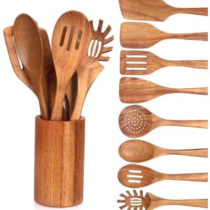 Wooden Kitchen Utensils Set with Holder with Cooking Spoons Wood 9 Pcs 9 Pcs Set