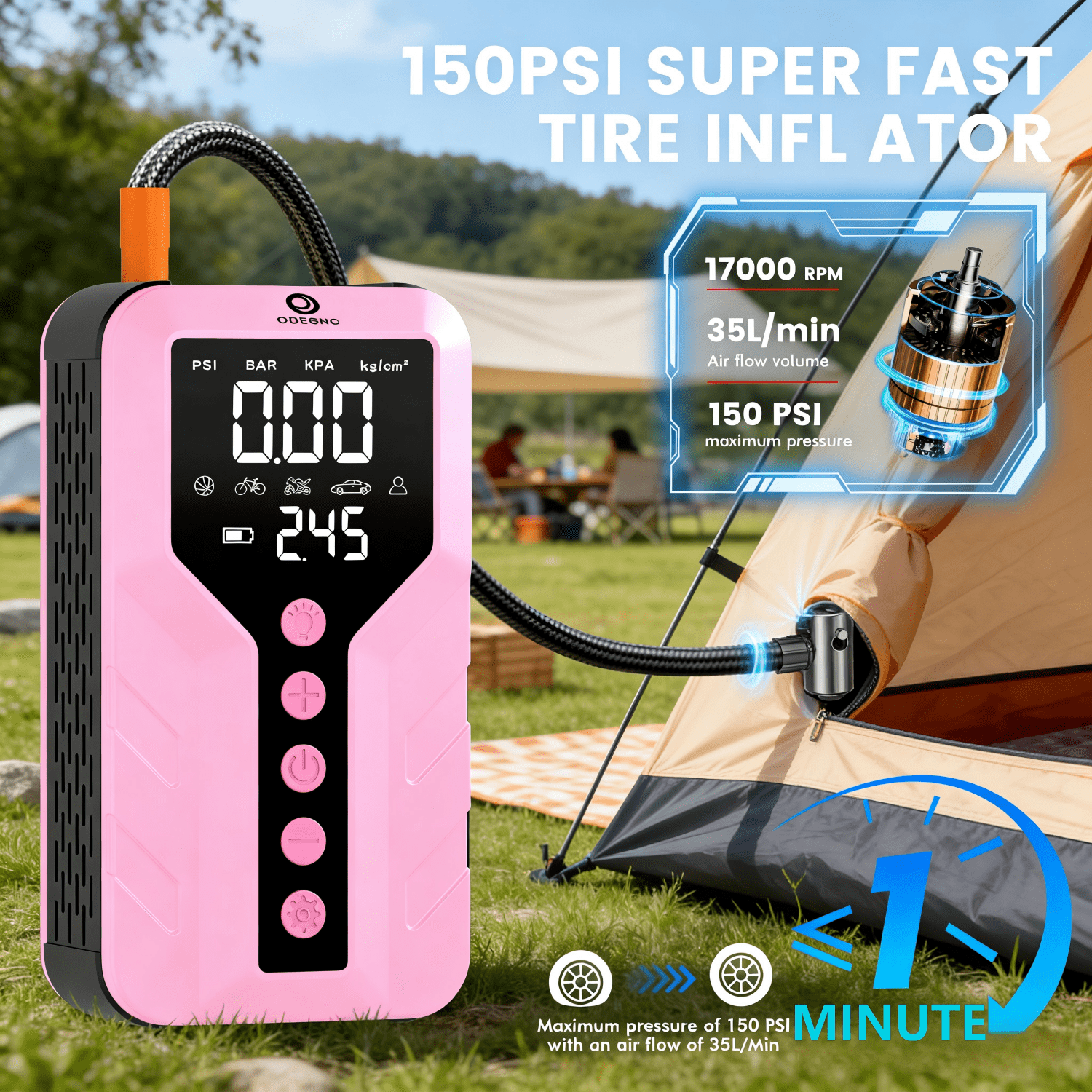 ODEGNC 6000A 25000mAh Jump Starter 150PSI Air Compressor Battery Booster Car Truck SUV LED Light USB Quick Charger