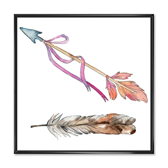 Pink Bird Feather From Wing on Arrow 16" x 16" Framed Painting Canvas Art Print, by Designart