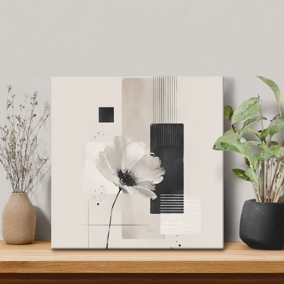 Modern Art Framed Canvas Wall Art, Abstract Blooming Black Flower Beige Geometric Wall Art Painting for Living Room Bedroom Home Decor, 24"x24", Office Artwork Print