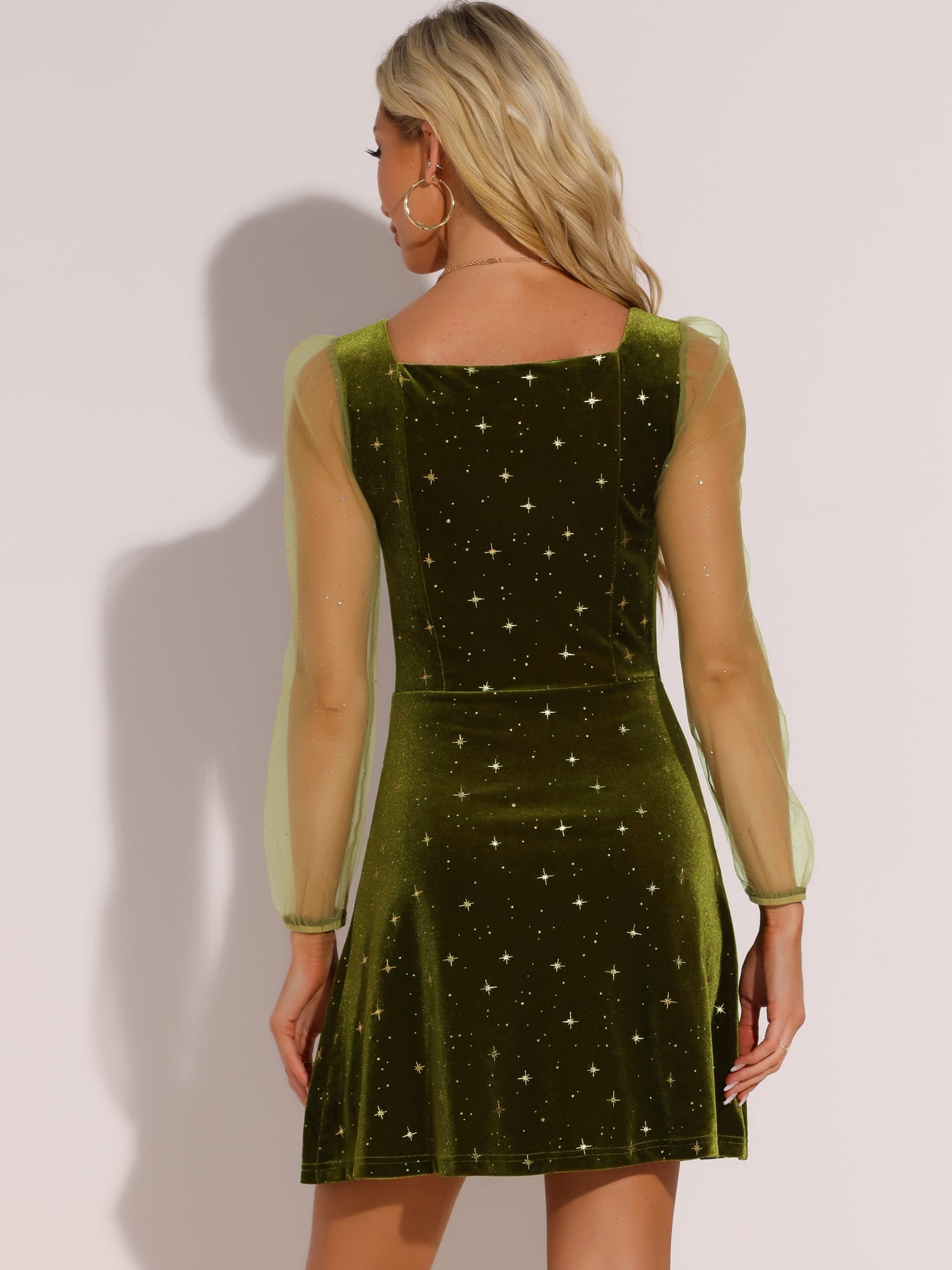 DARING DIVA Square Neck Mesh Sheer Sleeve Glitter Star Velvet Mini Dress XS Olive Green