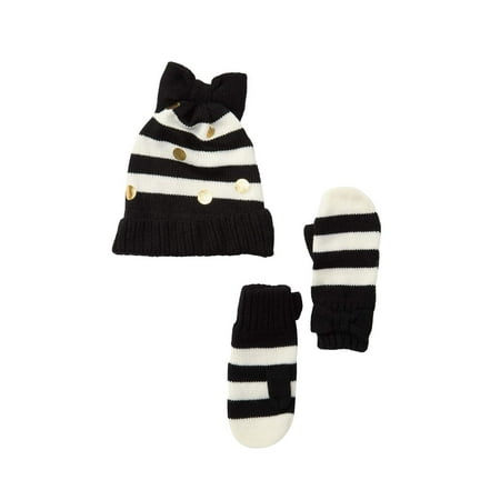Kate Spade New York Kids Baby Girl's Bow Hat and Mittens Set (Infant/Toddler/Little Kids) French Cream/Black Stripe XXS