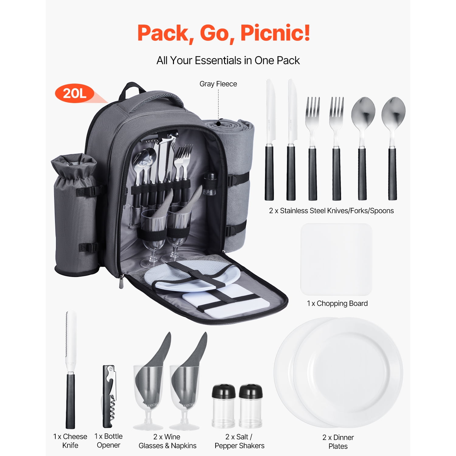 KFFKFF Picnic Backpack with Insulated Cooler, 2-Person Bag Featuring Detachable Bottle Holder, Lightweight Blanket, Plates, and Cutlery Set for Outdoor Activities, Grey