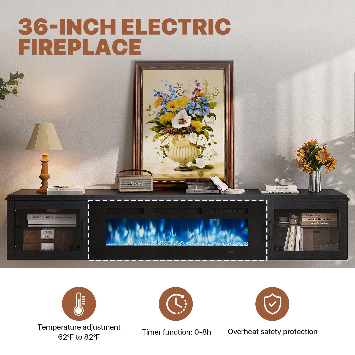 Sonegra Floating Fireplace TV Stand for TVs up 80", Wall Mounted Fireplace Entertainment Center, 70" Console Table with Electric Fireplace, Black